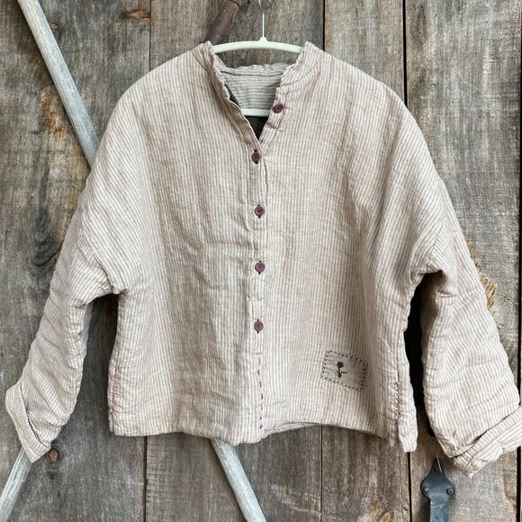 100% Linen Padded (quilted) Top, OS, light khaki color - Picture 6 of 15